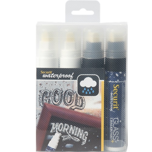 Vandfaste kridtmarkere med blokspids: 7-15 mm skrivebredde, Securit, flydende kridt, 2xsort/2xhvid, (4 stk.)