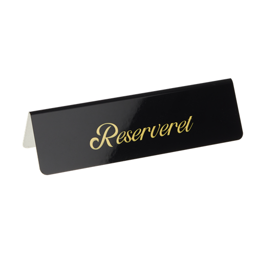 "Reserveret", bordskilte, 15x4 cm, aluminium, sort med guld-skrift, (5 stk.)